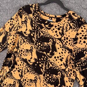 Chicos Womens 2‎ Animal Cheetah Print Long Sleeve Top Beige Black Minimalist